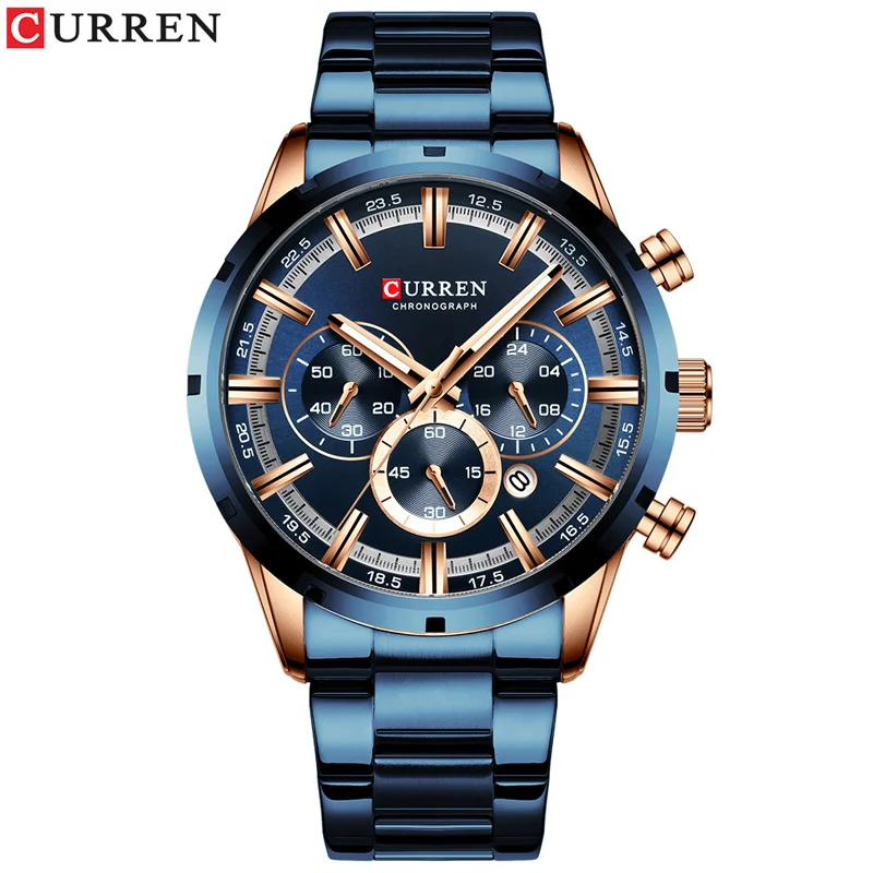 CURREN новые модные мужские часы с нержавеющей сталью Топ бренд класса люкс Спортивный Хронограф Кварцевые часы для мужчин Relogio Masculino - Цвет: blue watch