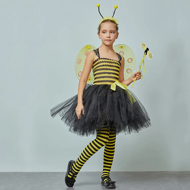 Children Bumble Bee Costume Set Girls Tutu Wings & Headband Yellow Black Kids Fancy Dress Halloween Dress Up Party Clothes (3)