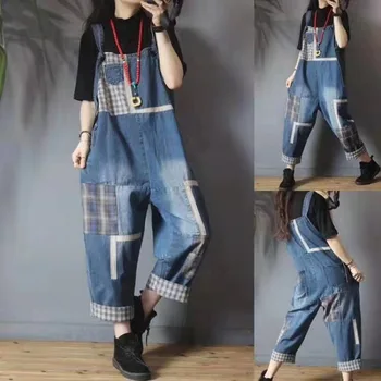 

Women Distressed Casual Denim Jumpsuit Women Loose Jumpsuit Ladies New Stitching Plaid Jumpsuit Wild Jumpsuit