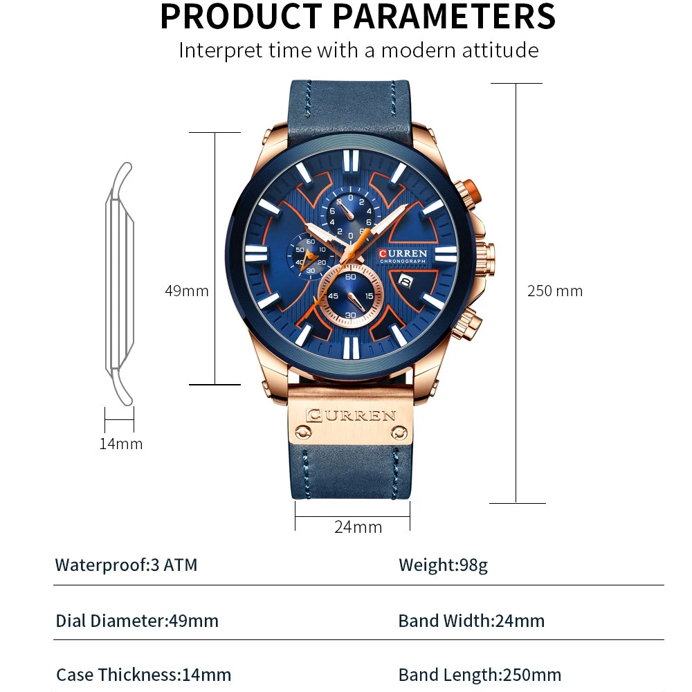 Curren Horloge Chronograaf Sport Heren Horloges Top Brand Luxe Waterdicht Leer Quartz Klok Mannen Polshorloge Relogio Masculino