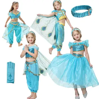 

Girls Jasmine Dress Up Kids Halloween Christmas Princess Aladdin Jasmine Costume For Children Belly Dance Dress Indian Disfraces