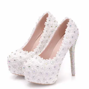 

Women Lace Crystal Wedding Shoes Bridal Platform High Heels Sexy Pumps Woman Thin Heels Flower Shoes White Valentine Stilettos