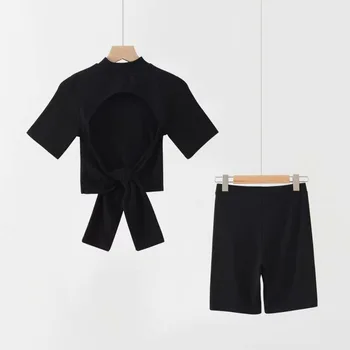 

Fashion White Khaki Sexy Women Summer O Neck Short Sleeve Shirt Tops And Bodycon Shorts Bottom Suit Two Piece Sets Outfit