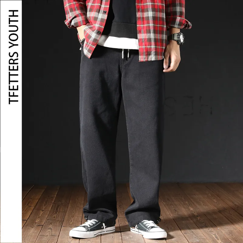 TFETTERS Thickked Jeans Men Spring Autumn Pants Japanese Large Size Loose Straight Elastic Waist Male Trousers Couple Jeans TFETTERS Thickked Jeans Men Spring Autumn Pants Japanese Large Size Loose Straight Elastic Waist Male Trousers Couple Jeans