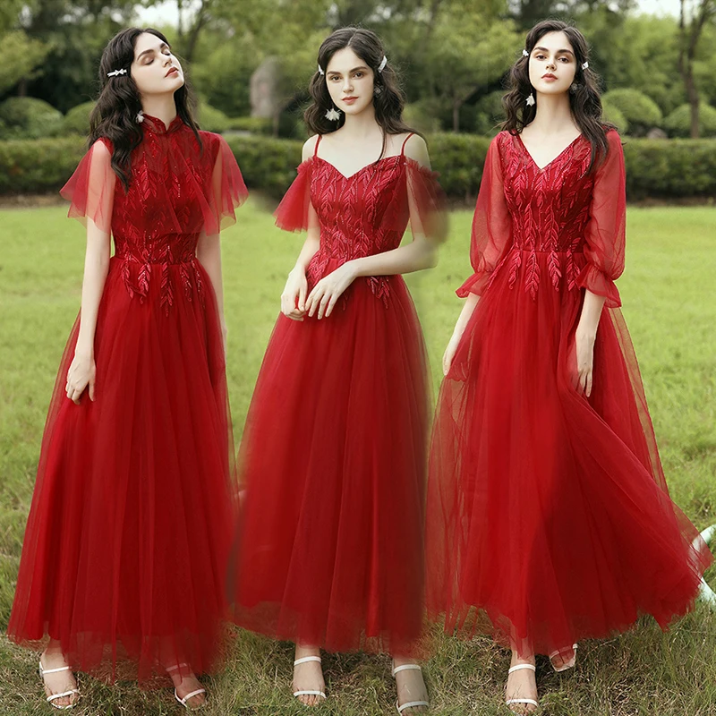 Bridesmaids Dresses Burgundy R520 Aline Ankle Length Plus size Tulle Dress V-neck Lace up Cheap Wedding Party Dresses for WOmen
