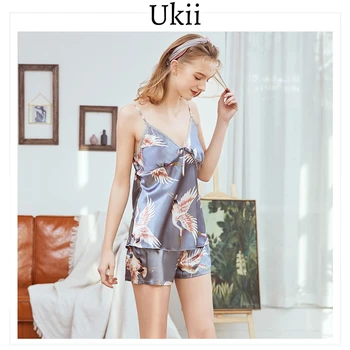 

Ukii Silk Pajama Set For Women Summer Thin Sexy Pajamas Sleepwear Set Short Animal Sleeveless Spaghetti Strap Silk Nightgown