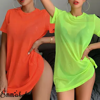 

Women Bikini Cover Up Sexy See Through Swimwear Sheer Mesh Swimsuit Bathing Suit Short Sleeve T-shirt Tops Summer Beach Dress