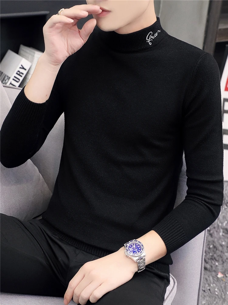 Mock Neck Sweater Men's Knitted Bottoming Shirt Autumn and Winter Inner Wear Trendy Pure Black Personality Middle Collar Cotton