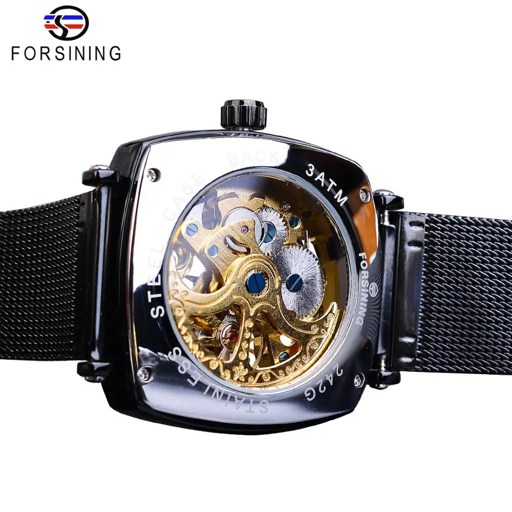 Forsining новые мужские механические часы Черные Квадратные автоматические прозрачные часы со скелетом тонкий сетчатый стальной Relogio Masculino мужские часы
