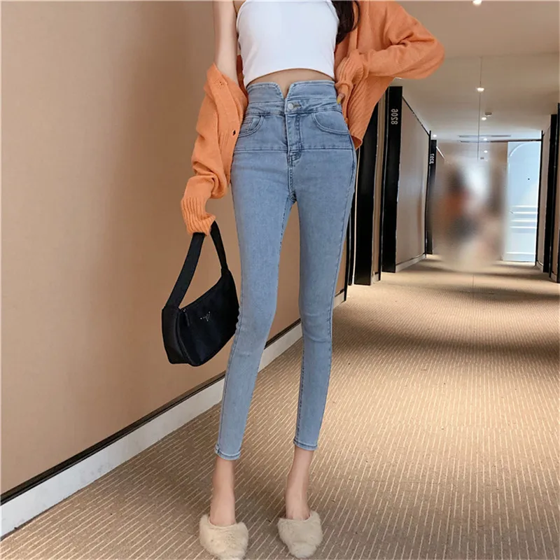 Реальная съемка Модные Высокая талия девять очков джинсы женский пояс для похудения высокого самосовершенствования облегающие Штаны