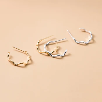 

Real 925 Sterling Silver Simple Wave Shape C Shape Hoop Earrings Half Hoops for Women Girls Free Shipping