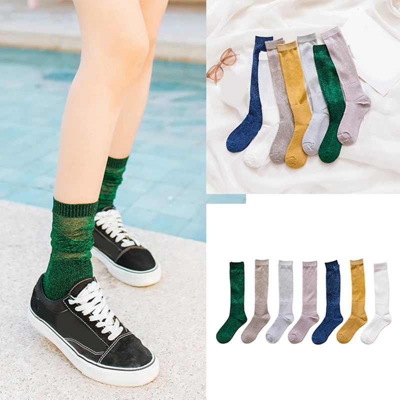 Новые блестящие кружевные шелковые носки золотого и серебряного цвета милые сетчатые женские носки забавные Дышащие носки модные носки средней длины для девочек Лидер продаж