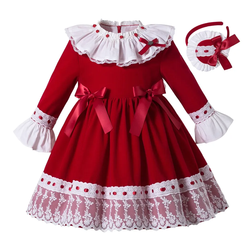 Pettigirl Red Party Dress For Kids Girl Red Bows Long Sleeve Girls