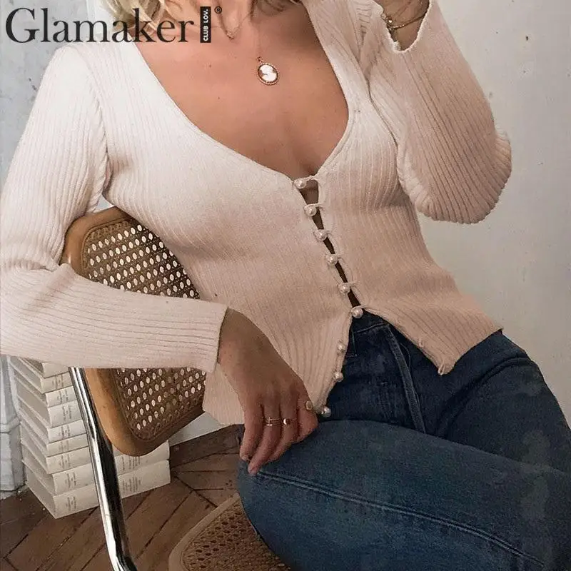 Glamaker, вязанная короткая блузка с v-образным вырезом, женская элегантная облегающая блуза на пуговицах с длинным рукавом, женские вечерние блузки на осень и зиму