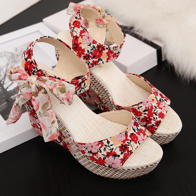 Women Platform High Heels Sandals Summer Beach Boho Floral Wedge Ankle Strap