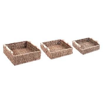 

Seagrass Storage Baskets Set of 3, Portable Hand-Woven Baskets with Wooden Handle for Home and Bathroom Organization