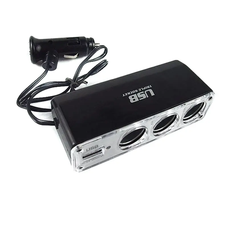 

dropshipping 3 Way Multi Socket Car Cigarette Lighter Splitter USB Plug Charger DC 12V/24V Triple Adapter With USB Port OE88