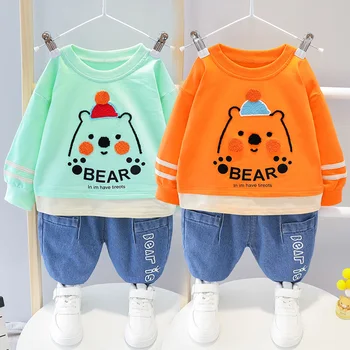 

Baby boy clothes autumn children's sweater suit cotton long-sleeved cartoon bear shirt fashion letter jeans baby two-piece suit