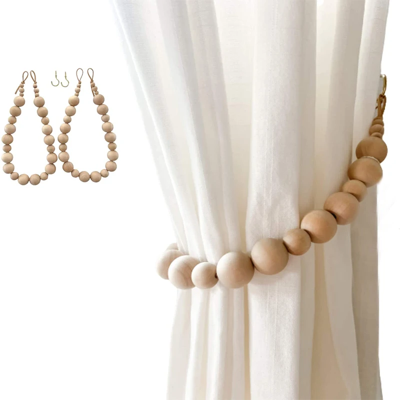 

2Pcs Curtain Tiebacks Natural Wood Beads Tie Backs Drape Farmhouse Garland Curtain Holders Window Boho Home Decor Accessories