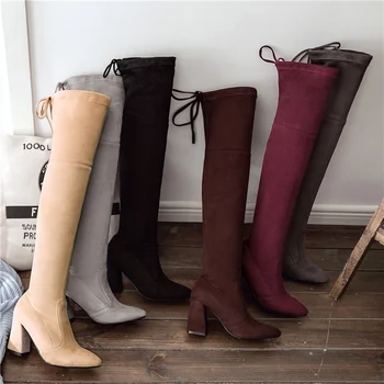 

2020 Women Fetish Over The Knee Boots Plus Size 43 44 45 46 Warm Winter Long Thigh Booties Block 9cm High Heels Burgundy Shoes