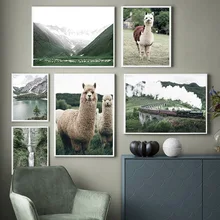 Alpaca Llama Sky Landscape Alps Waterfall Wall Art Canvas Painting Nordic Posters And Prints Wall Pictures For Living Room Decor