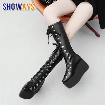

Winter Women Knee High Boots Pointed Toe Black PU Punk Motorcycle Lady Thick Flat Heels Lace Up Platform Wedge Riding Long Boots