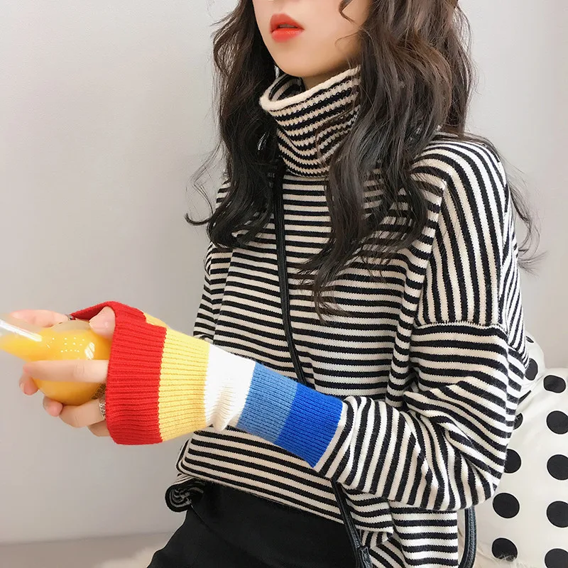 RUGOD Casual stripe patchwork knitted tops women Korean chic turtleneck knitted pullovers female new auturm oversized top