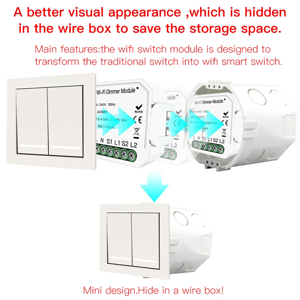 2 Gang DIY WiFi Smart 2 Way Light LED Dimmer Module Switch Smart Life/Tuya APP Remote Control Work with Alexa Google Home