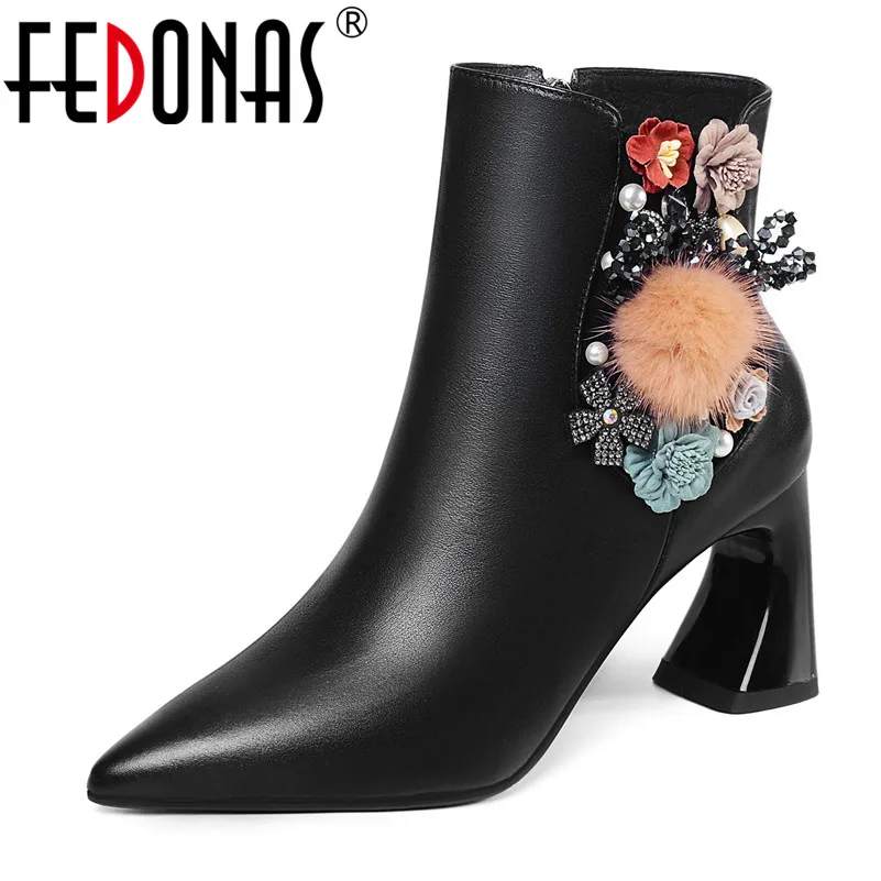 

FEDONAS Women Flower Side Zipper Ankle Boots Genuine Leather Chelsea Boots Prom Dancing Shoes Woman Autumn Winter Boots Shoes