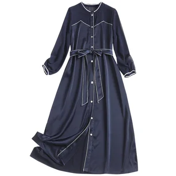 

Satin Dress Round Neck Patchwork Tunic Dress Women Single-breasted Lace Up Ladies Midi Dresses Long Sleeve High Fashion Clothes