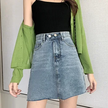 

Korean Mini irregular Denim skirt Women A-Line Skirts Ladies Streetwear Plus Size High Waist black and blue Vintage skirt