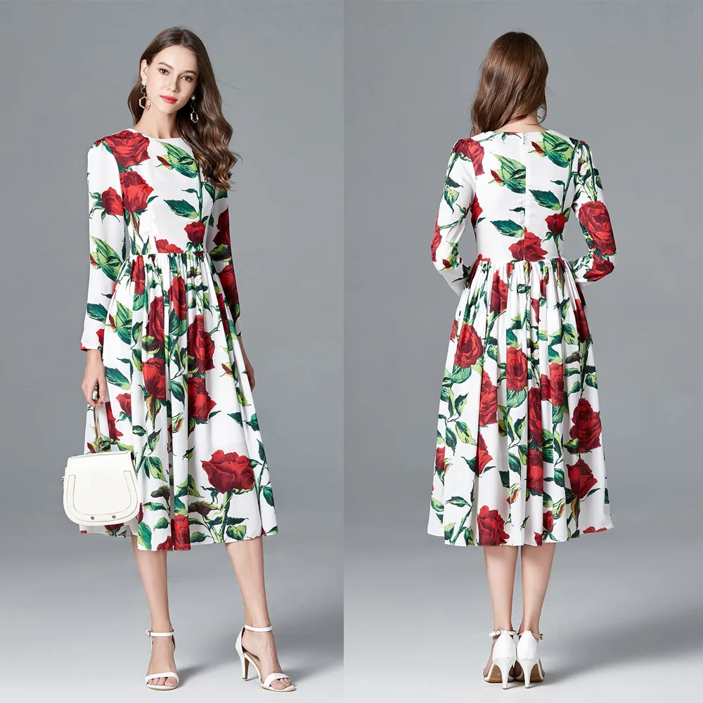 

Dk411 Summer New Style Printed Chiffon Slimming Mid-length Dress Evening Dress Long Sleeve Big Hemline