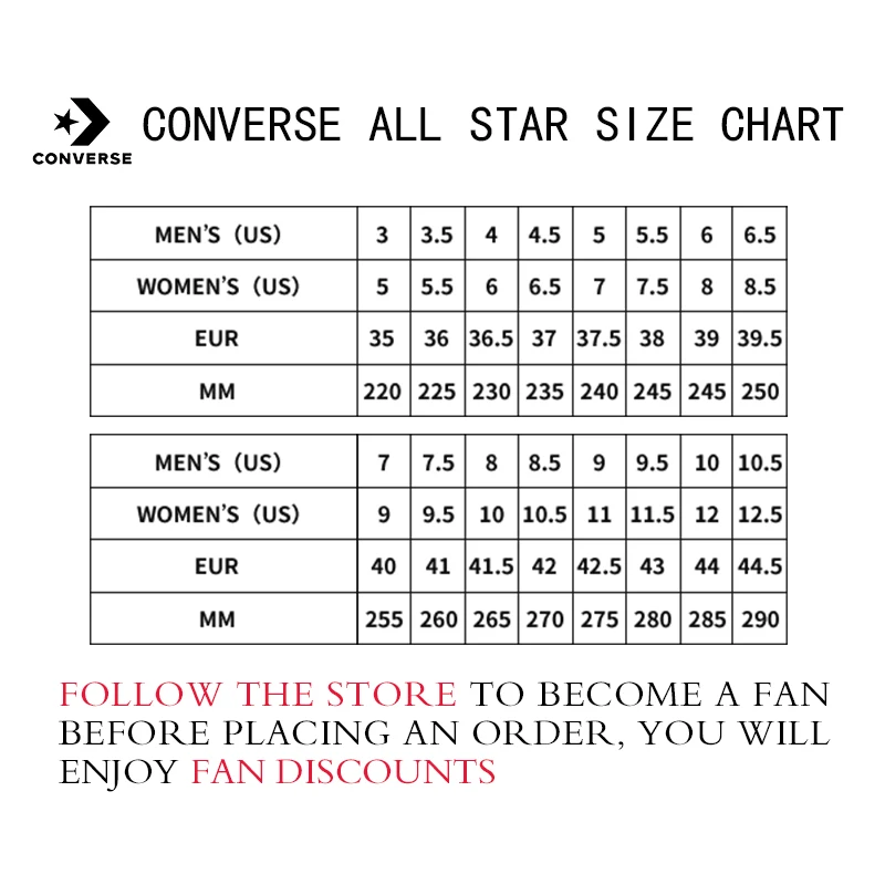 converse x cdg size chart