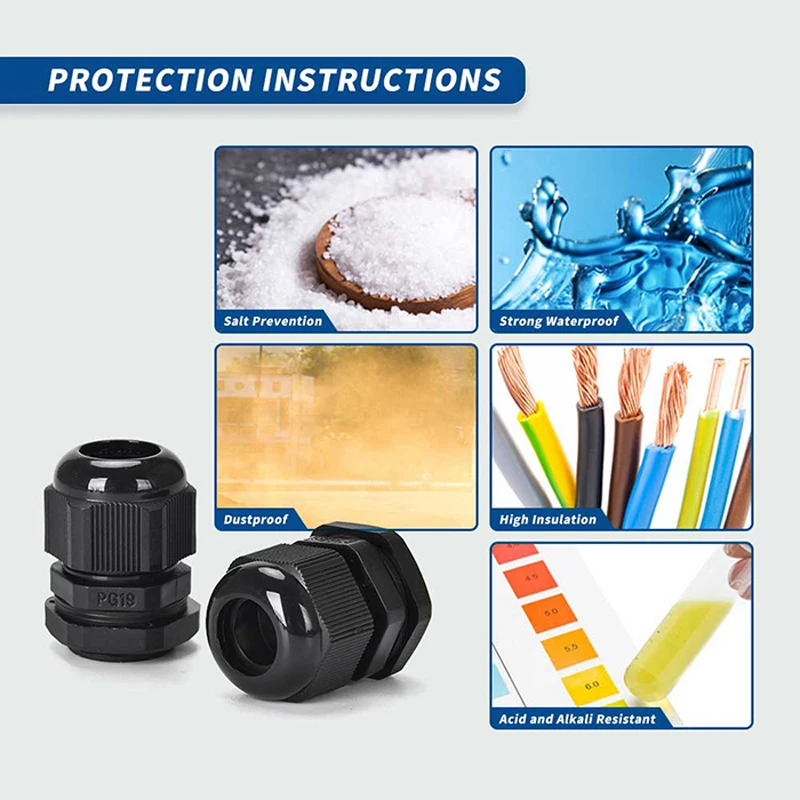 CG 50PCS Waterproof Cable Gland PG7 PG9 PG11 PG13.5 PG16 PG19 Plastic Black Cable Fixing Joint With Gasket Range For 3-15mm Set