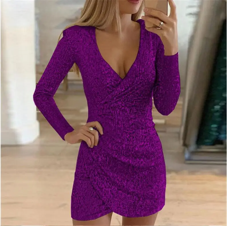 Сексуальные Серебристые блестящие платья для женщин с глубоким v-образным вырезом и блестками мини-платье бодикон Осень Зима с длинным рукавом платье для вечеринок - Цвет: Purple