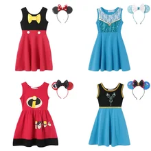 Платье принцессы для девочек с головным аксессуаром, Детские повседневные хлопковые вечерние платья с изображением Микки и Минни, Эльзы и Анны, Капитана Америки