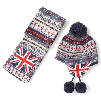 

Baby Kid Pompom Lining Earflap Beanie Cap Long Scarf British Style Winter Warmer AXYD