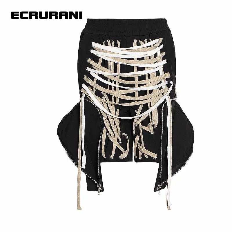 

ECRURANI Black Casual Pant For Women High Waist Bandage Hollow Out Pockets Trousers Female Summer Fashion Clothing 2022 New