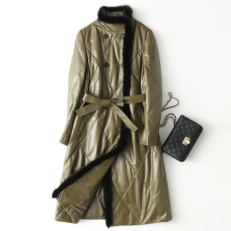 

Women Winter Sheepskin Genuine Leather Jacket Real Mink Fur Collar Duck Down Long Coat Chaqueta Mujer X-150 YY544