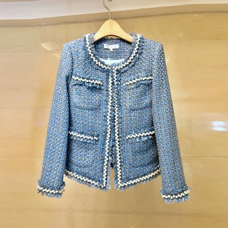 

Fashion Brand Women Sleeveless Dress Tweed Jacket Two Piece Set Slim OL Suit Pearls Studded Tassels Outfits Twill Matching Sets