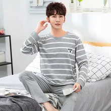 Повседневные полосатые хлопковые Пижамные комплекты с длинными рукавами для мужчин осенний Пижамный костюм мужское нижнее белье домашняя одежда