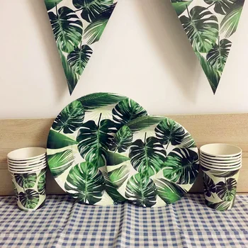 

25pcs/set Green Hawaiian Palm Leaves Disposble Tableware Sets Theme Paper Plates Cups Flag Event Birthday Party Decor Supplies