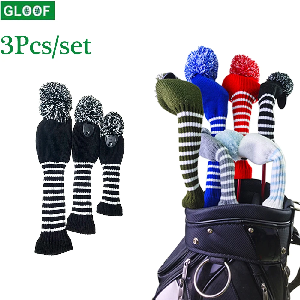 

3Pcs/Set Golf Striped Knit with Number Tag Pom Pom Headcovers Vintange Pom Pom Sock Covers 1 3 UT for Driver Fairway Hybrid Wood