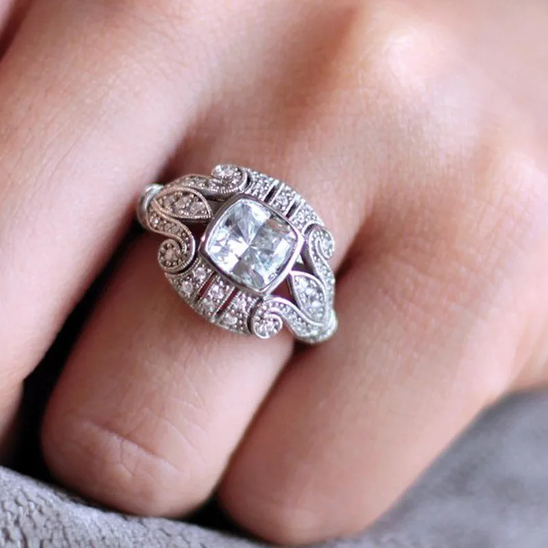 Anillos Silver Classic Flower Female Cubic Zirconia Stone Ring Unique Pattern Jewelry For Wedding Rings For Men Women Gifts