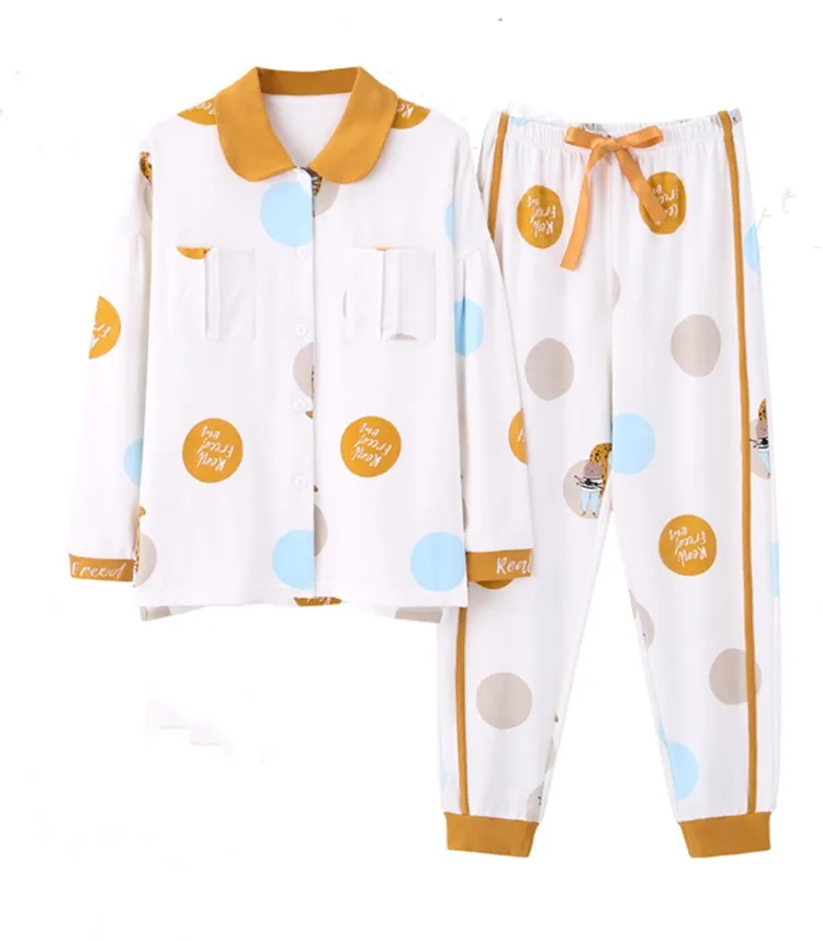 Весенне-осенний хлопковый Белый Простой натуральный свободный пижамный комплект с длинными рукавами для девочек, свежий спортивный стиль, домашняя одежда