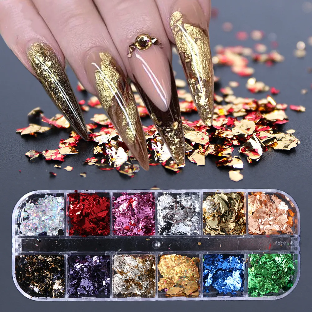 

12 grids/sets of nail art glitter sequins ins net red platinum shredded paper gold and silver paper foil nail art accessories