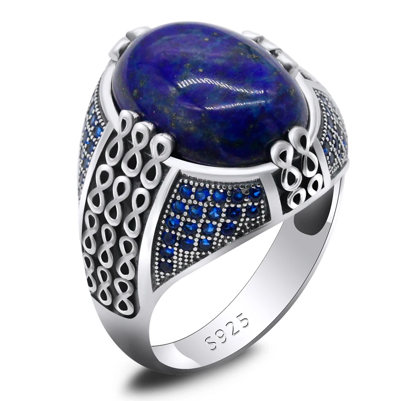 Lapis Lazuli Stone for Men 925 Sterling Silver Blue Stone Vintage Stripe Ring Turkish Thai Silver Jewelry for Male Women Gift - Image 4