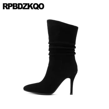 

ladies brand women winter boots genuine leather fur pointed toe 10 big size stiletto high heel suede ankle black 2019 shoes fall