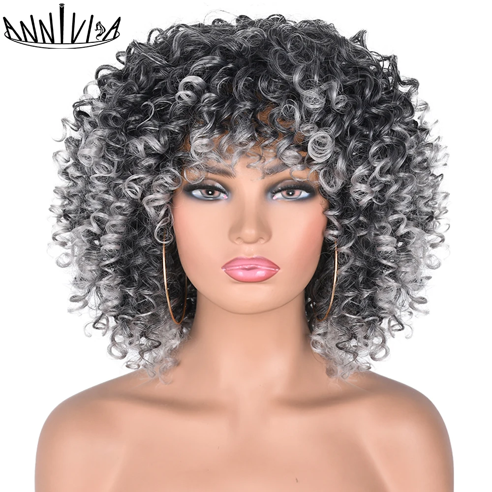 

14" Short Hair Afro Kinky Curly Wig With Bangs Synthetic Ombre Glueless Brown Blonde Cosplay Wigs For Black Women Annivia