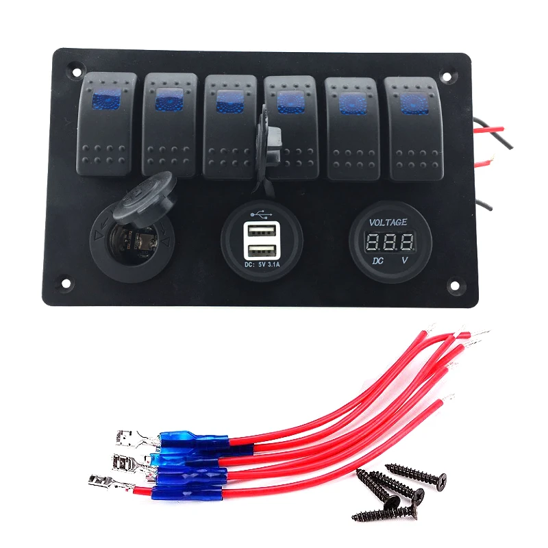 6 Gang LED Car/Boat/RV Rocker Switch Panel Circuit Breaker Dual USB Socket Pack of 1